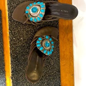 beautiful chocolate leather sandals with authentic turquoise beads.